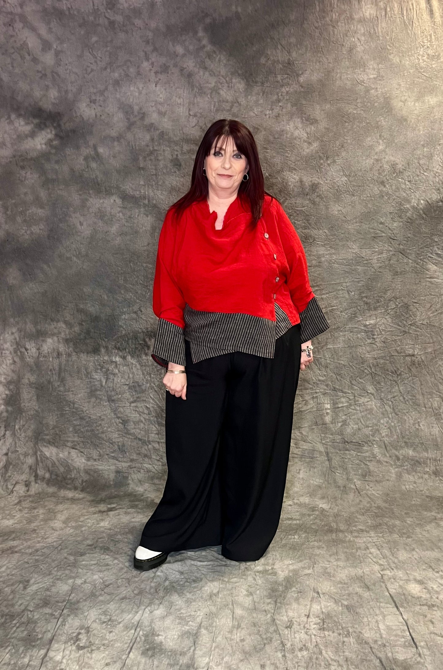 Terry Macey Tokyo Shirt in Red and Black Pinstripe Linen