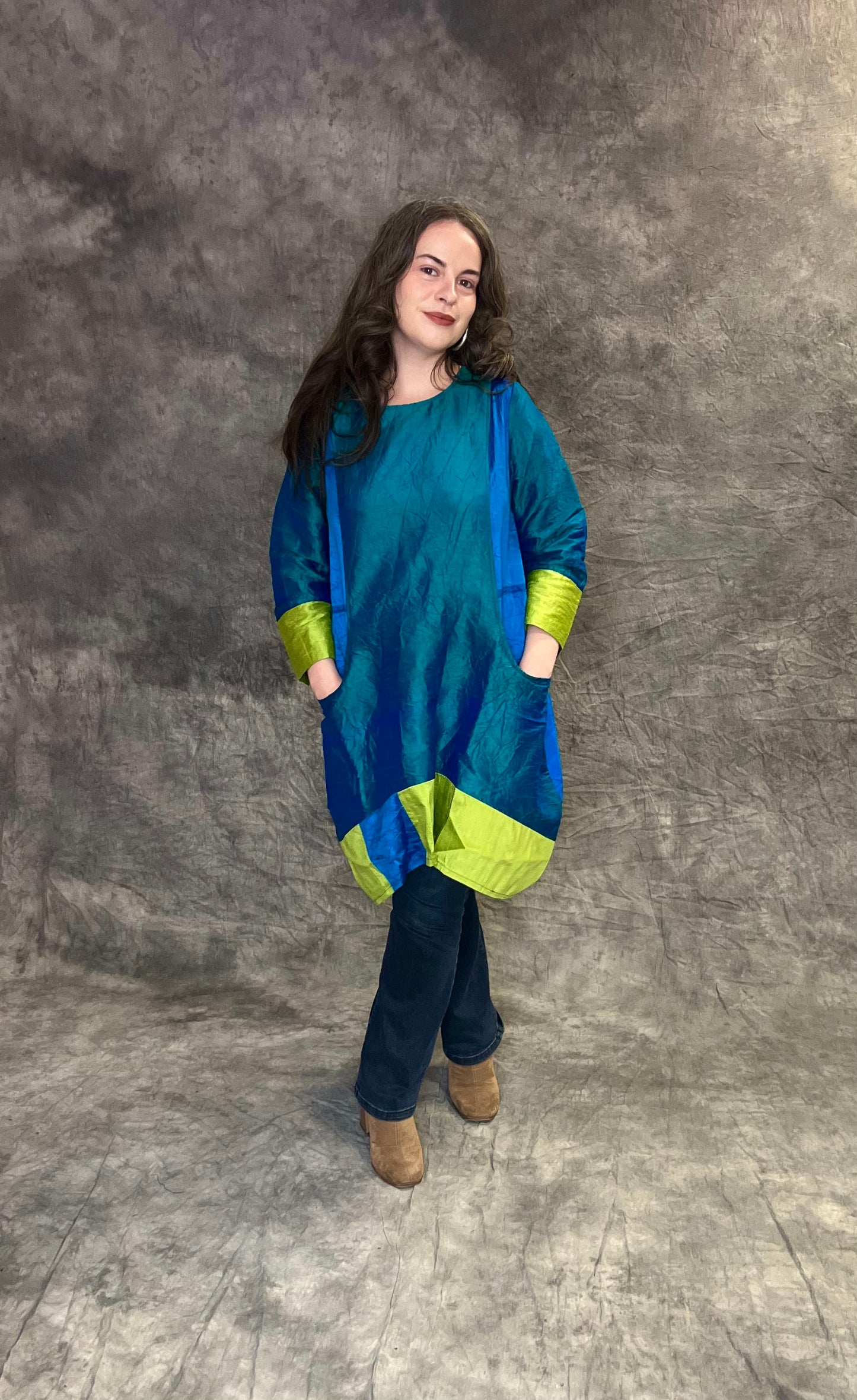 Terry Macey Emily Tunic in Turquoise, Blue and Lime Silk