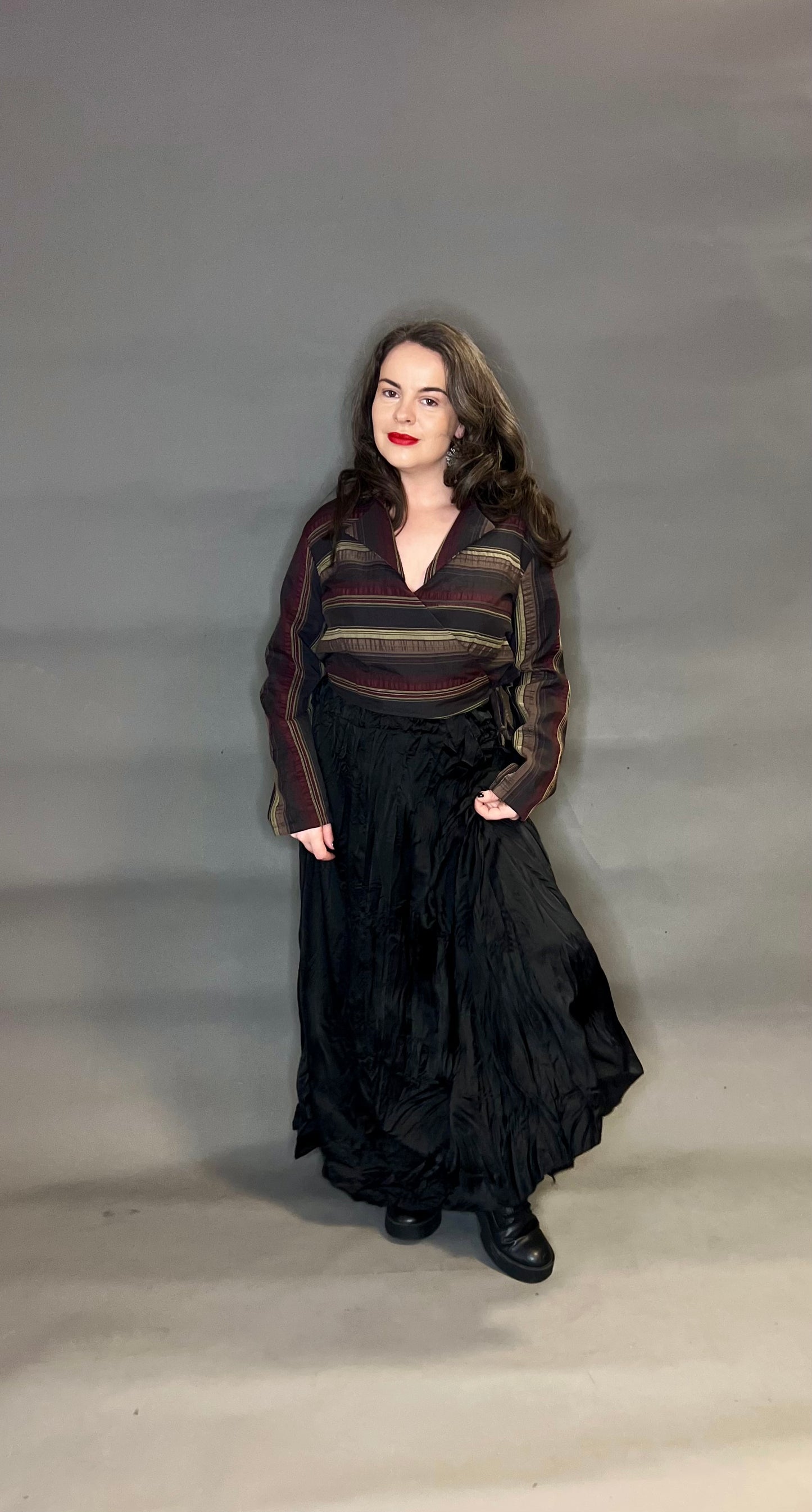 Belle & Bracken Wrap Top in Brown and Burgundy Stripe (Longer Length)