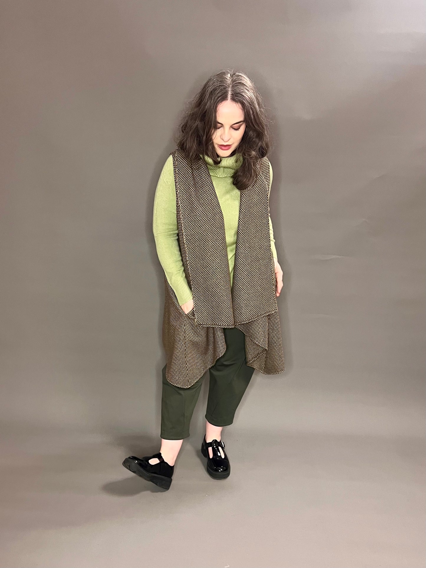 Terry Macey Waterfall Waistcoat in Green/Brown Polka Dot