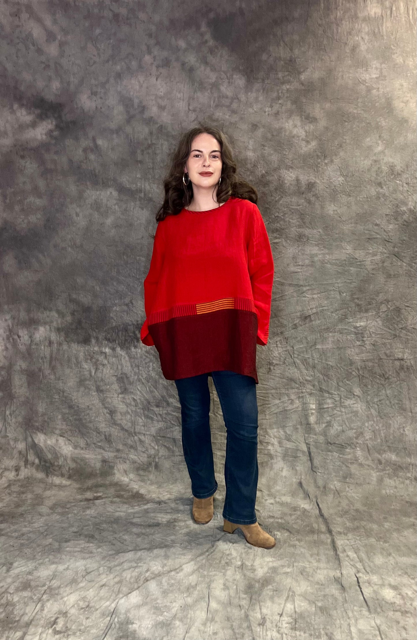 Terry Macey Portland Tunic in Red with Deep Red and Orange Contrast