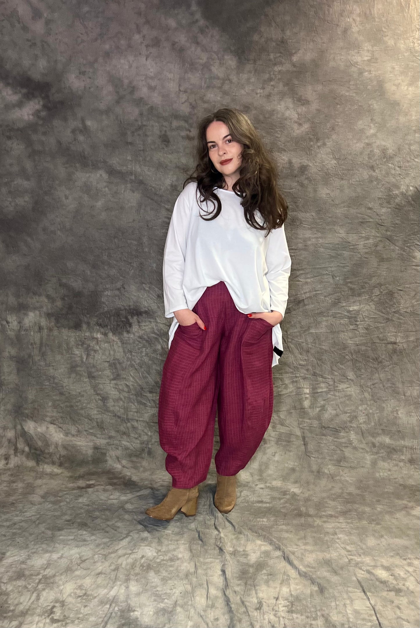 Terry Macey Turin Trousers in Raspberry Striped Linen