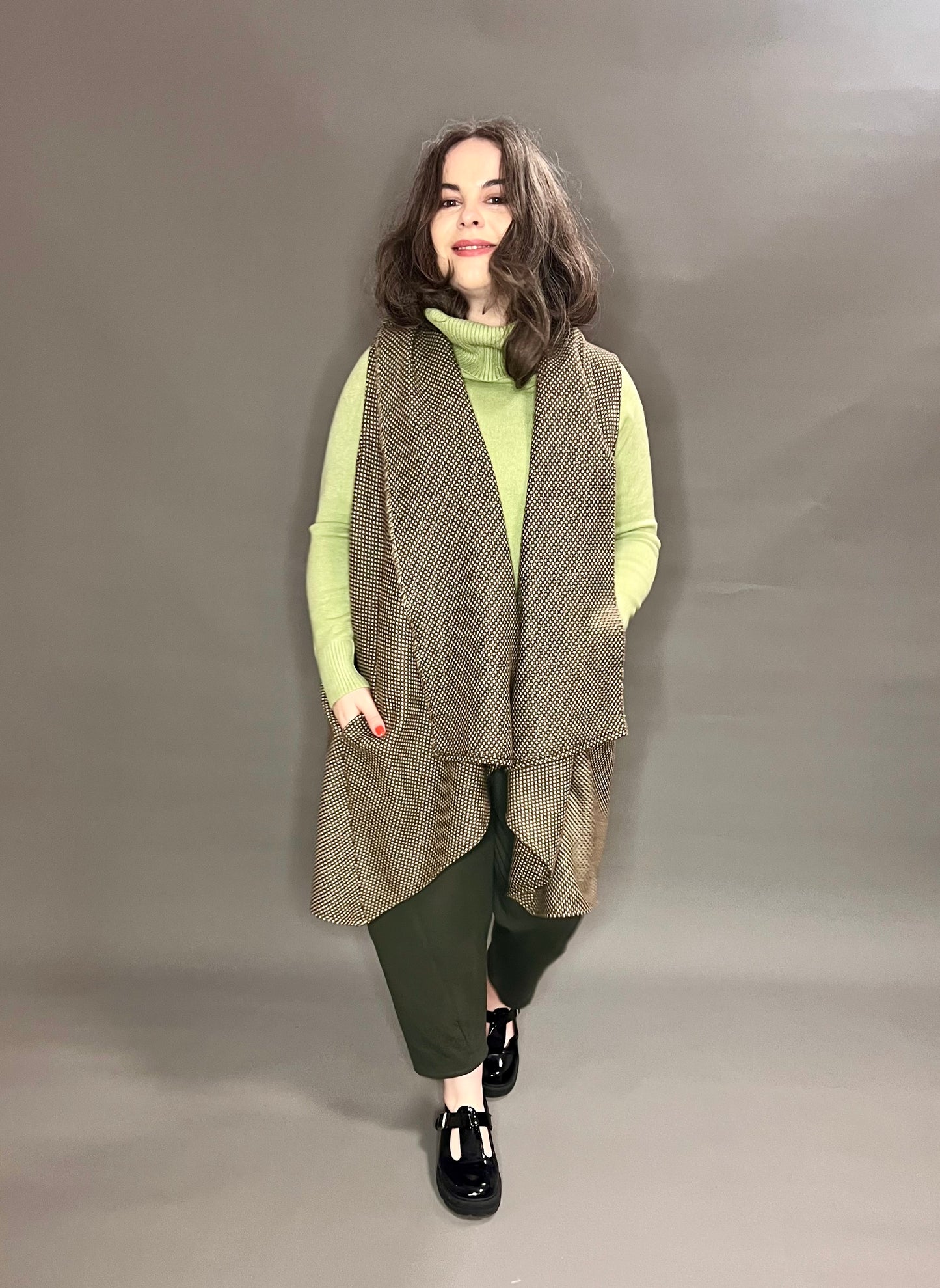 Terry Macey Waterfall Waistcoat in Green/Brown Polka Dot