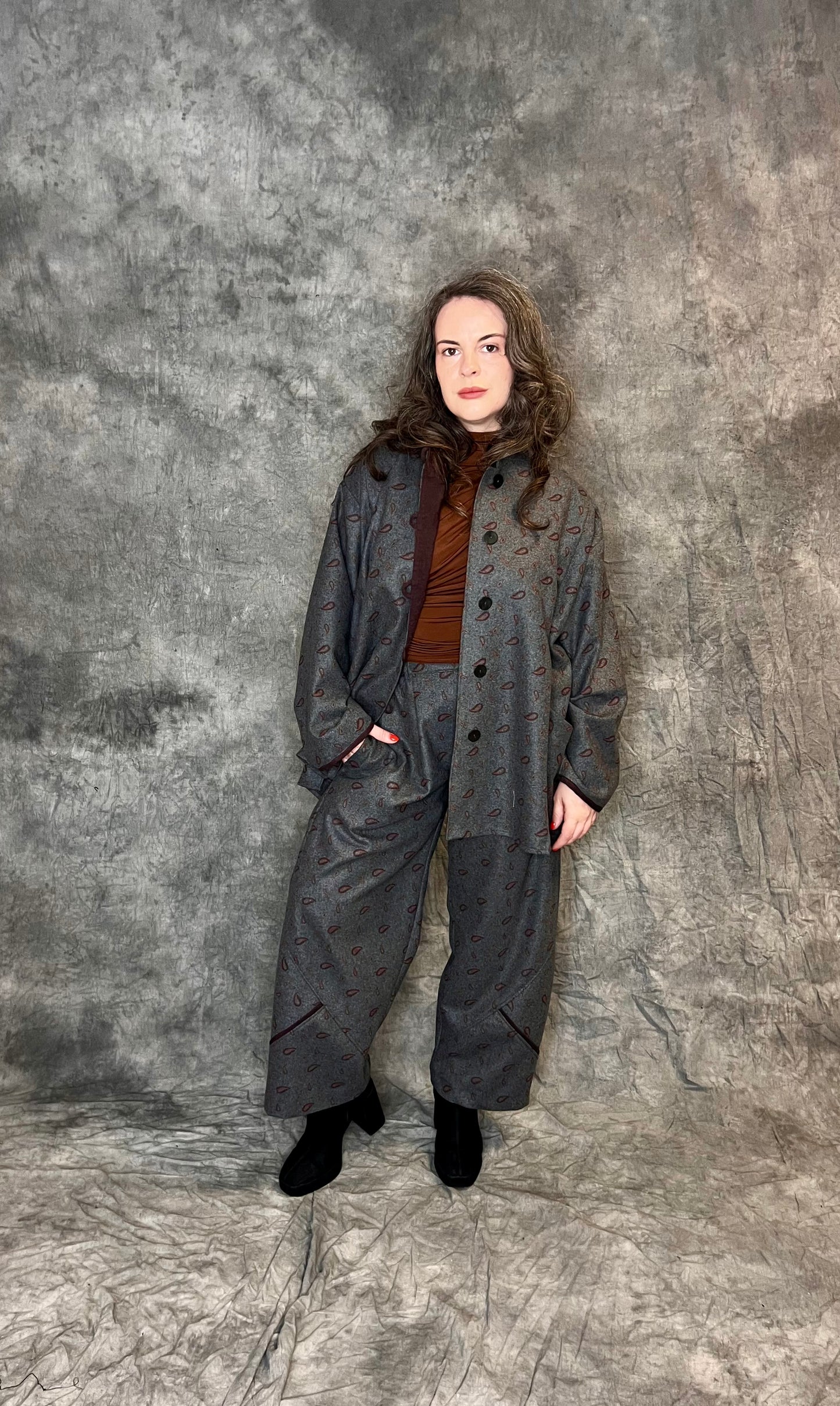 Terry Macey Dublin Jacket in Grey and Wine Paisley Patterned Wool