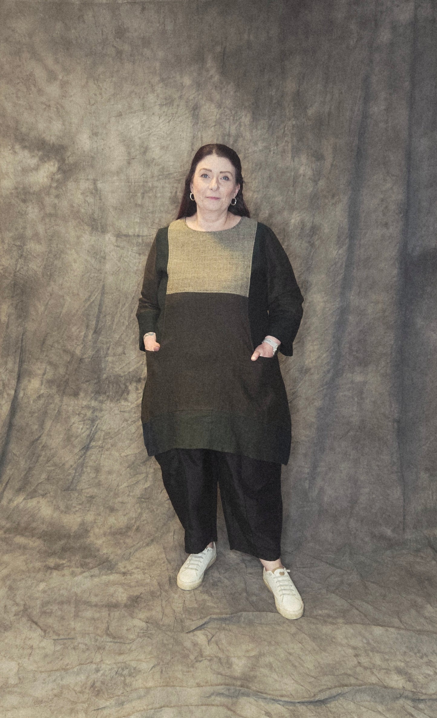 Terry Macey Emily Tunic in Forest Green Brown Amber Hold & Herringbone