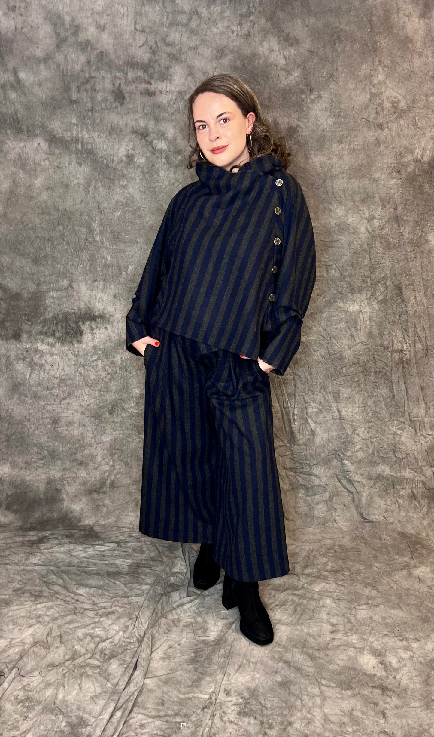 Terry Macey Culottes in Navy and Charcoal Striped Wool