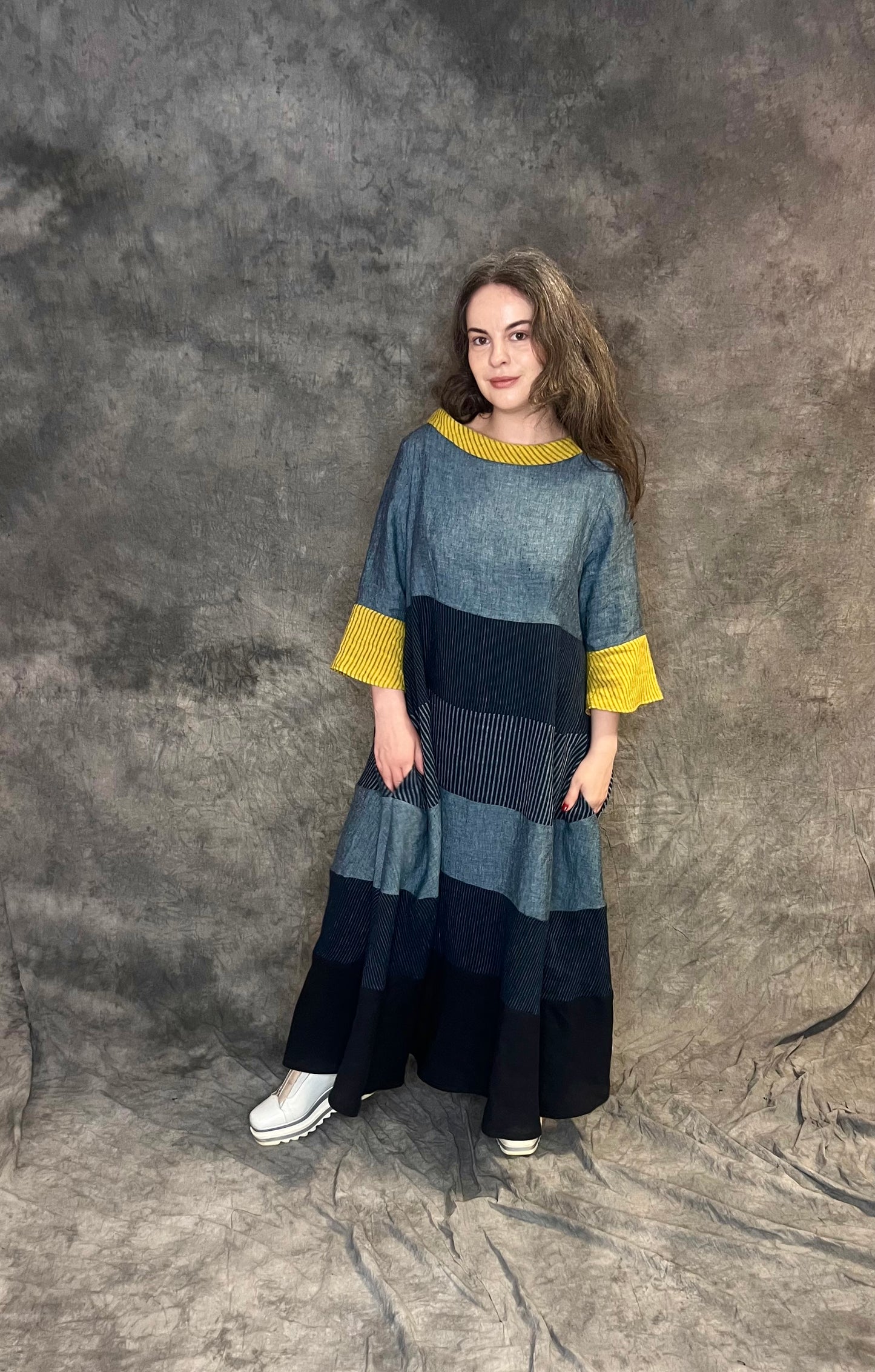 Terry Macey “Circle” Dress in Blues with Yellow Accents