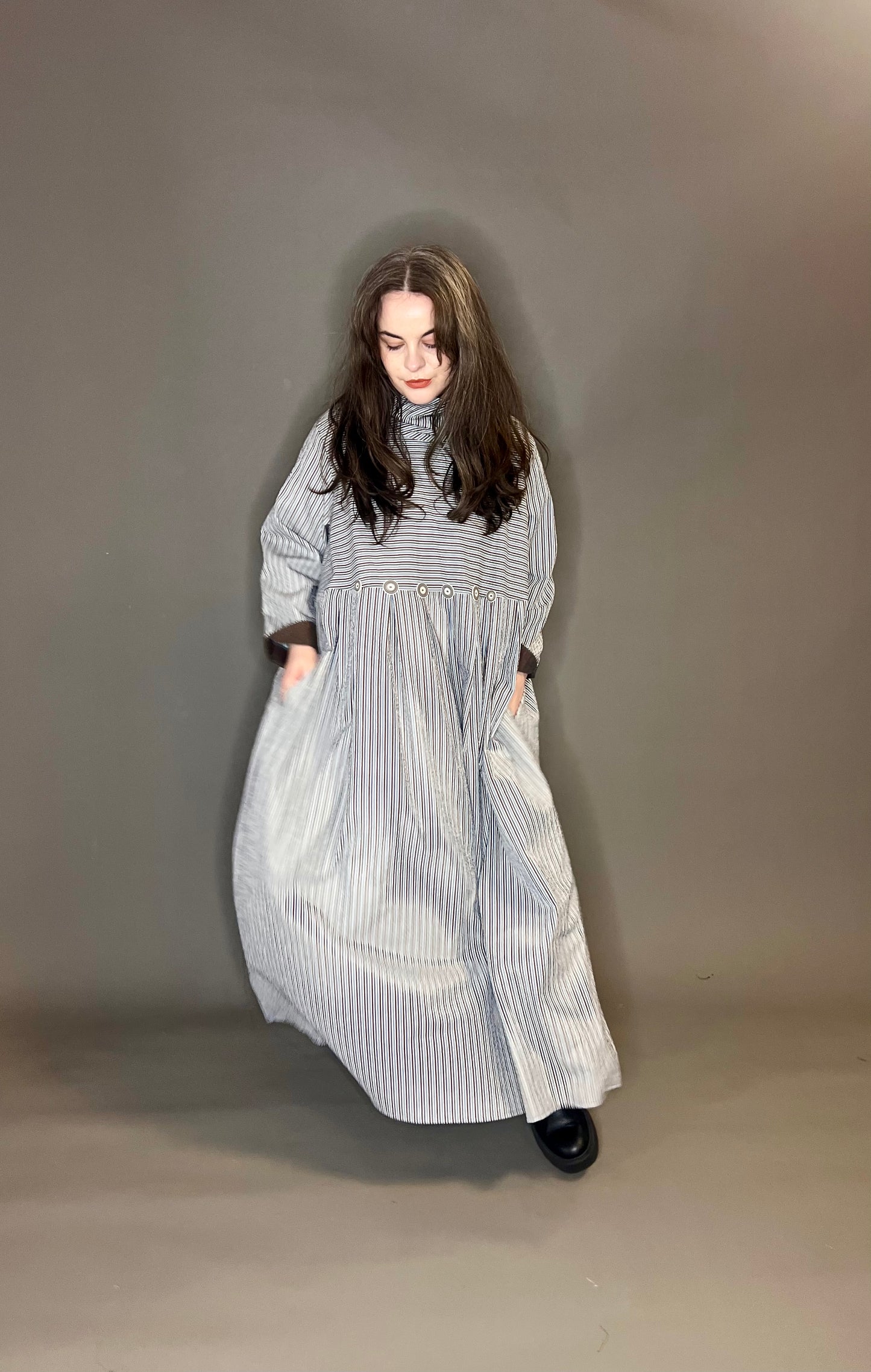 Terry Macey High Neck Button Dress in Blue, Red and White Stripe