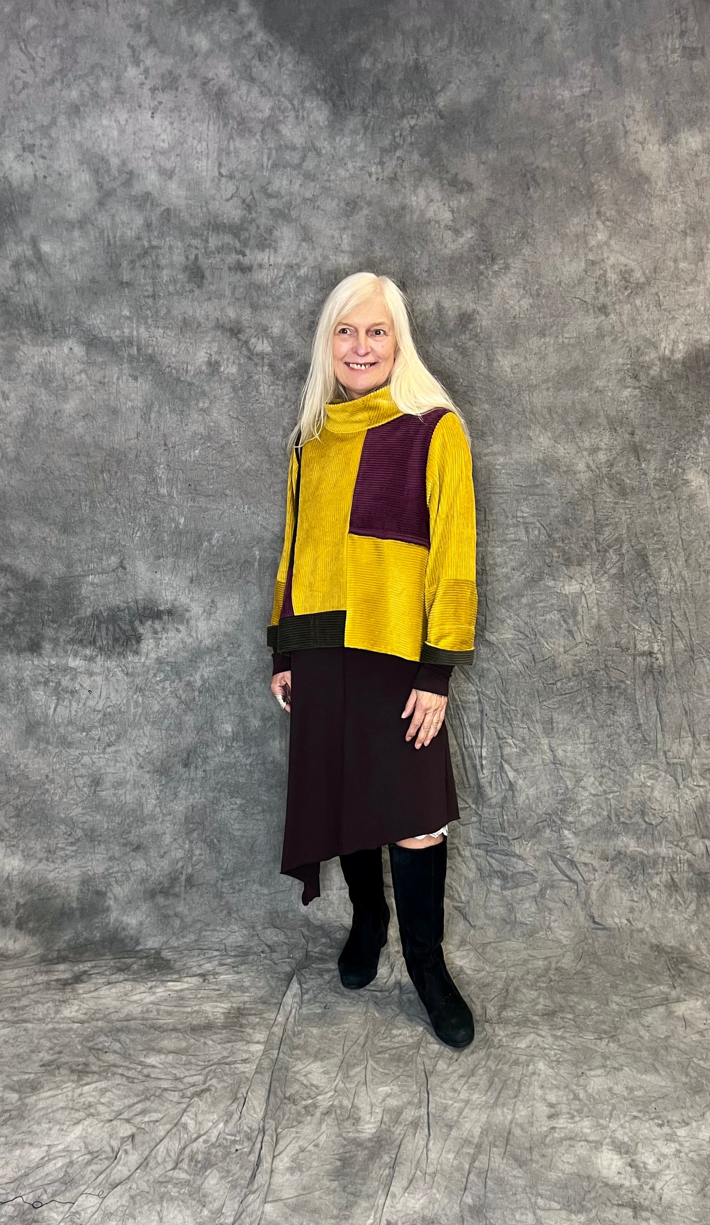 Terry Macey Mondrian Top in Mustard and Wine Jumbo Cord
