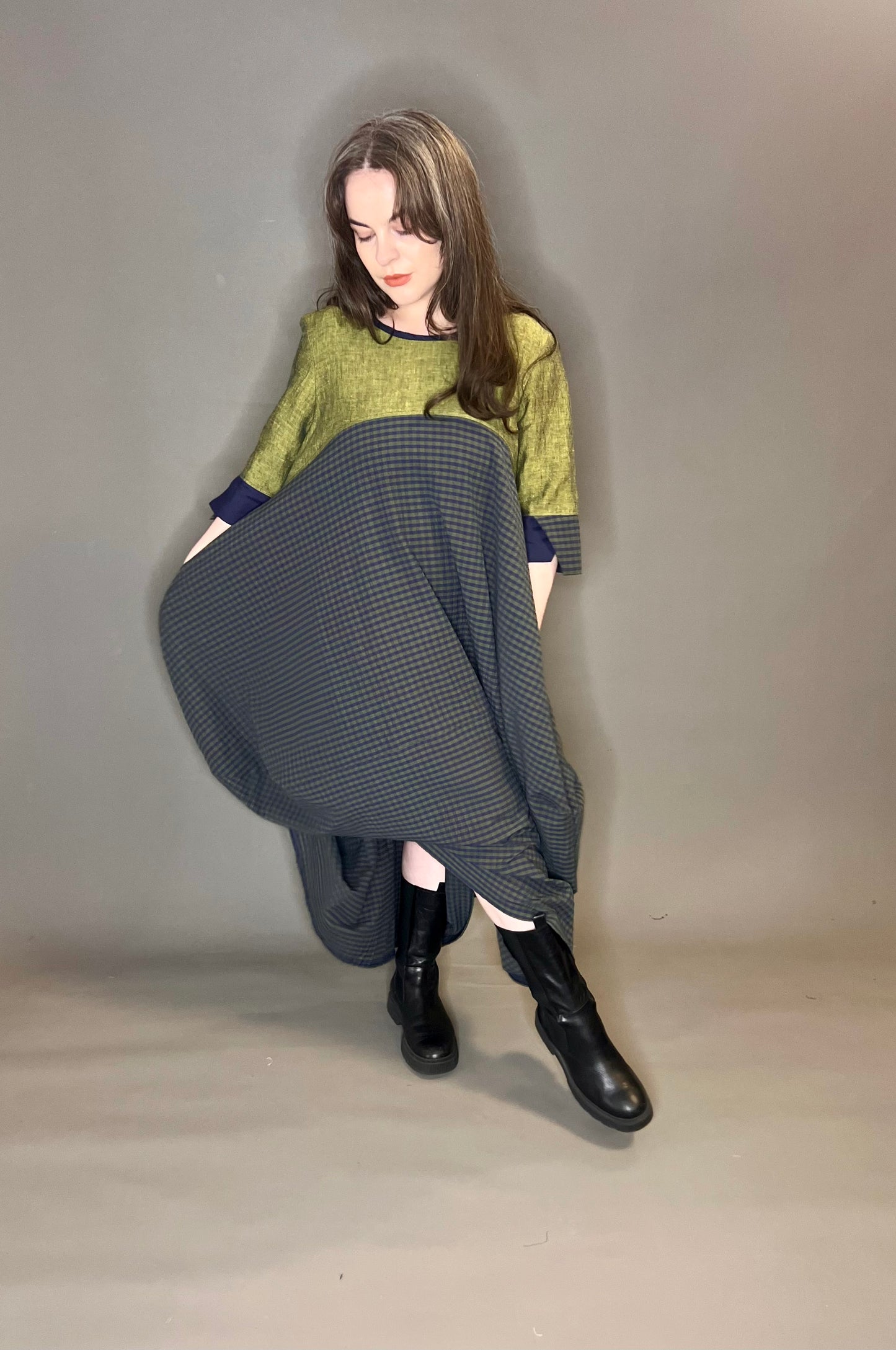 Terry Macey Tulip Dress in Green Linen with Seer Sucker Checked Skirt