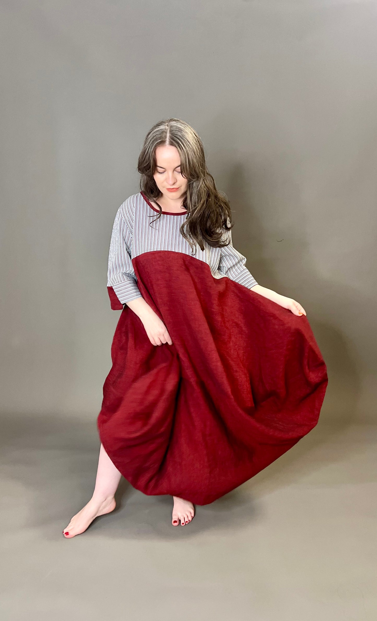 Terry Macey Tulip Dress in Burgundy and Stripes