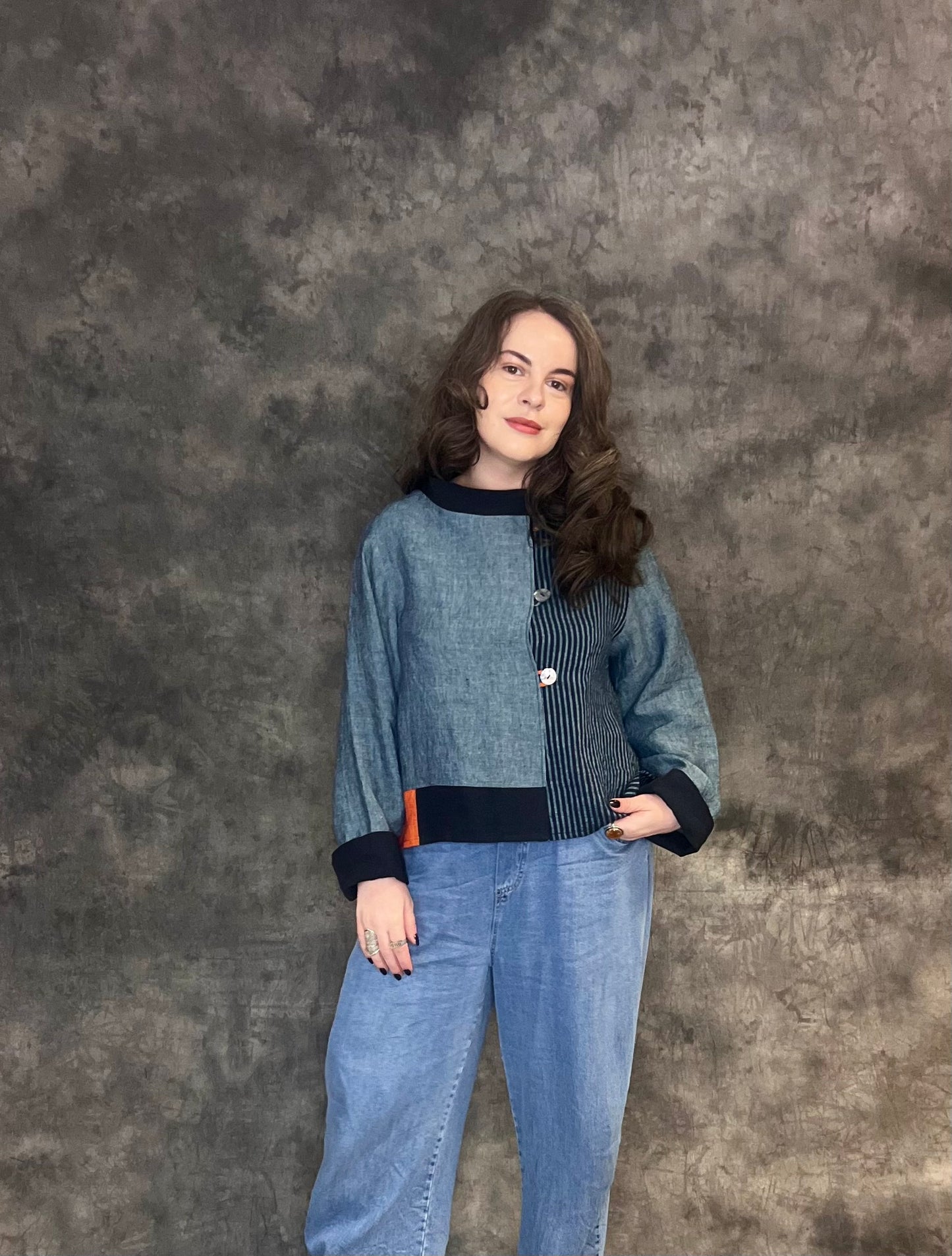 Terry Macey Mondrian Jacket in Navy, Blue and Orange Linen