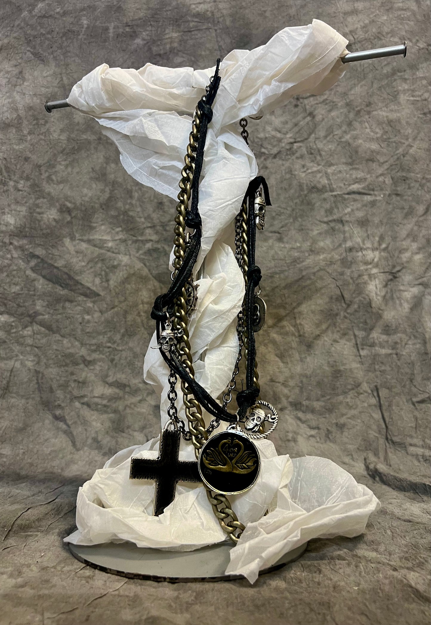 Provocation Layered Chunky Necklace with Cross and Chains and Medallion
