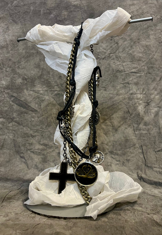 Provocation Layered Chunky Necklace with Cross and Chains and Medallion