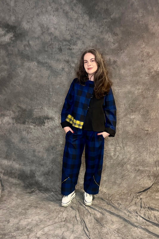 Terry Macey “Penny” Trousers in Blue Check with Gold Detail