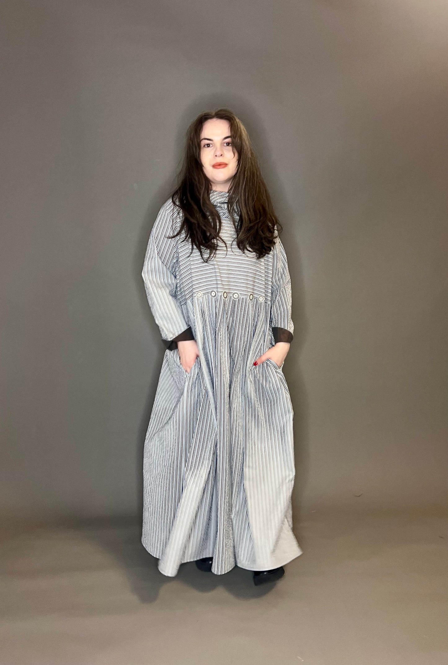 Terry Macey High Neck Button Dress in Blue, Red and White Stripe