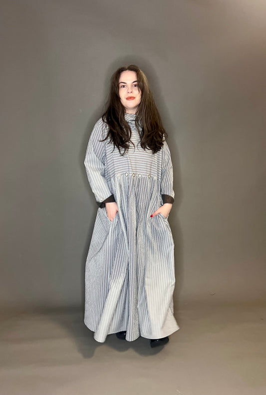 Terry Macey High Neck Button Dress in Blue, Red and White Stripe
