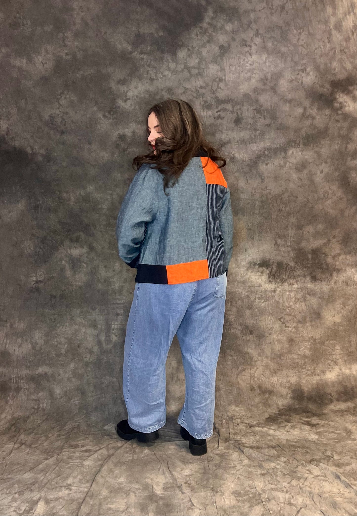 Terry Macey Mondrian Jacket in Navy, Blue and Orange Linen