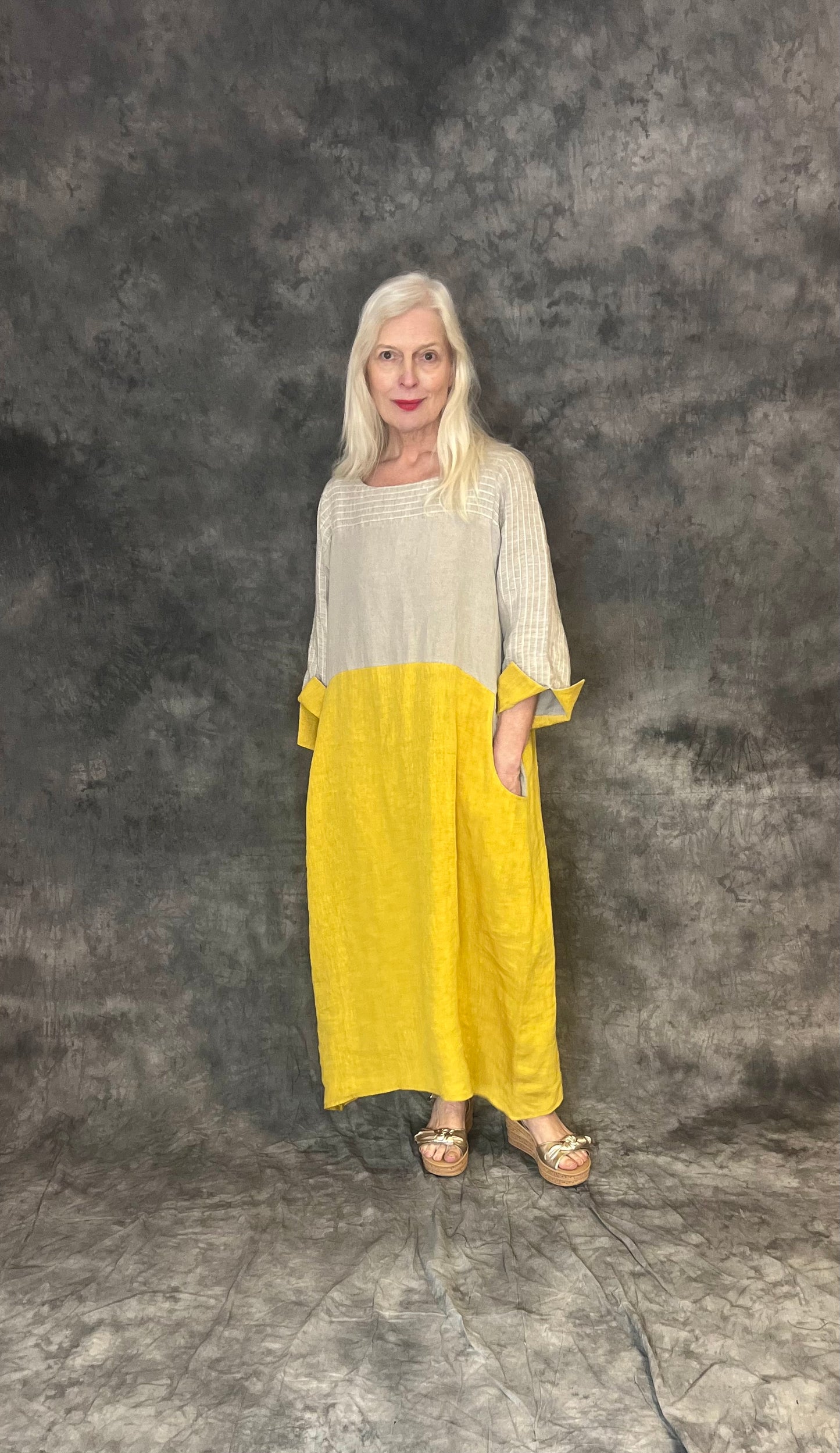Terry Macey Emily Dress in Stone and Lemon Linen