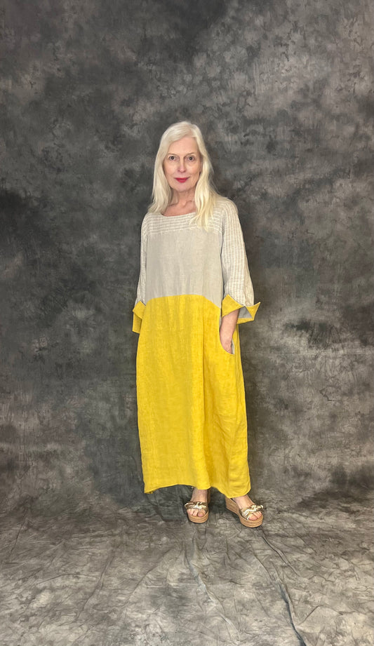 Terry Macey Emily Dress in Stone and Lemon Linen