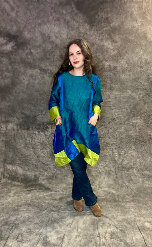 Terry Macey Emily Tunic in Turquoise, Blue and Lime Silk