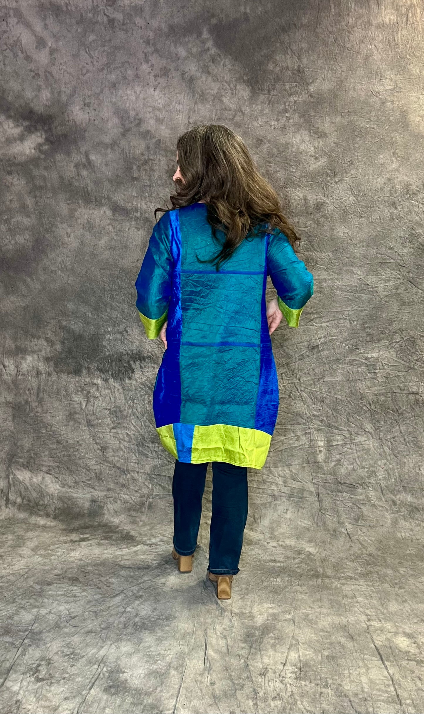 Terry Macey Emily Tunic in Turquoise, Blue and Lime Silk