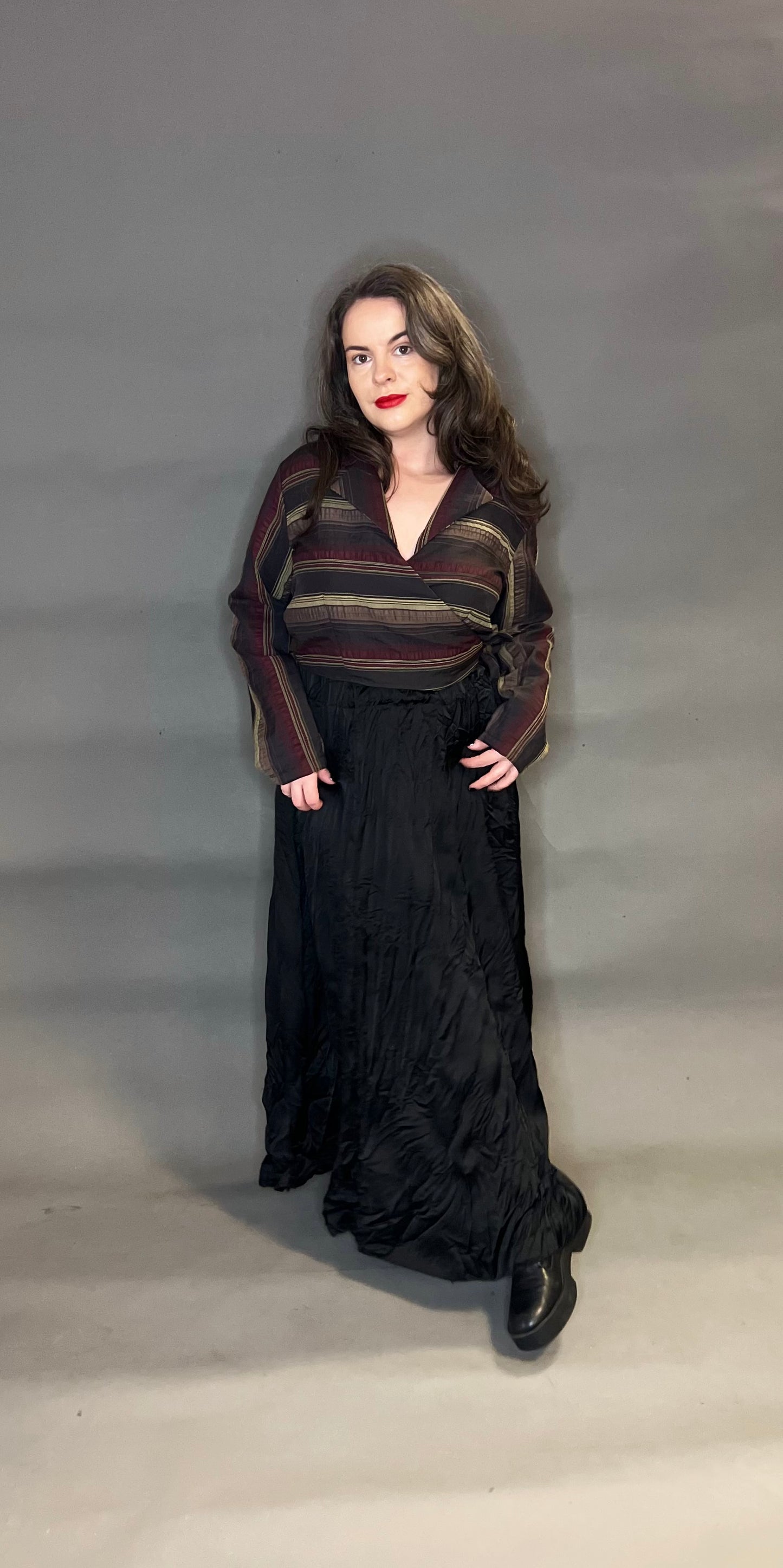 Belle & Bracken Wrap Top in Brown and Burgundy Stripe (Longer Length)