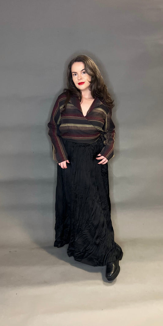 Belle & Bracken Wrap Top in Brown and Burgundy Stripe (Longer Length)