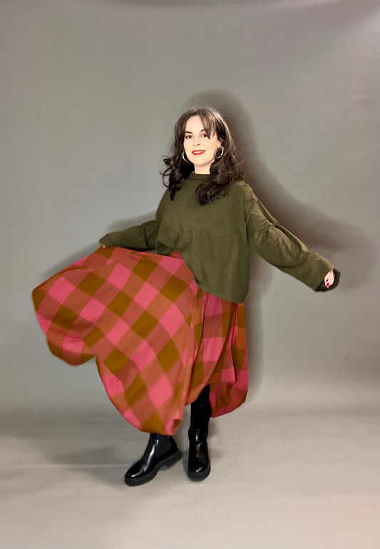 Terry Macey Tulip Skirt in Warm Pink and Green Checked Wool