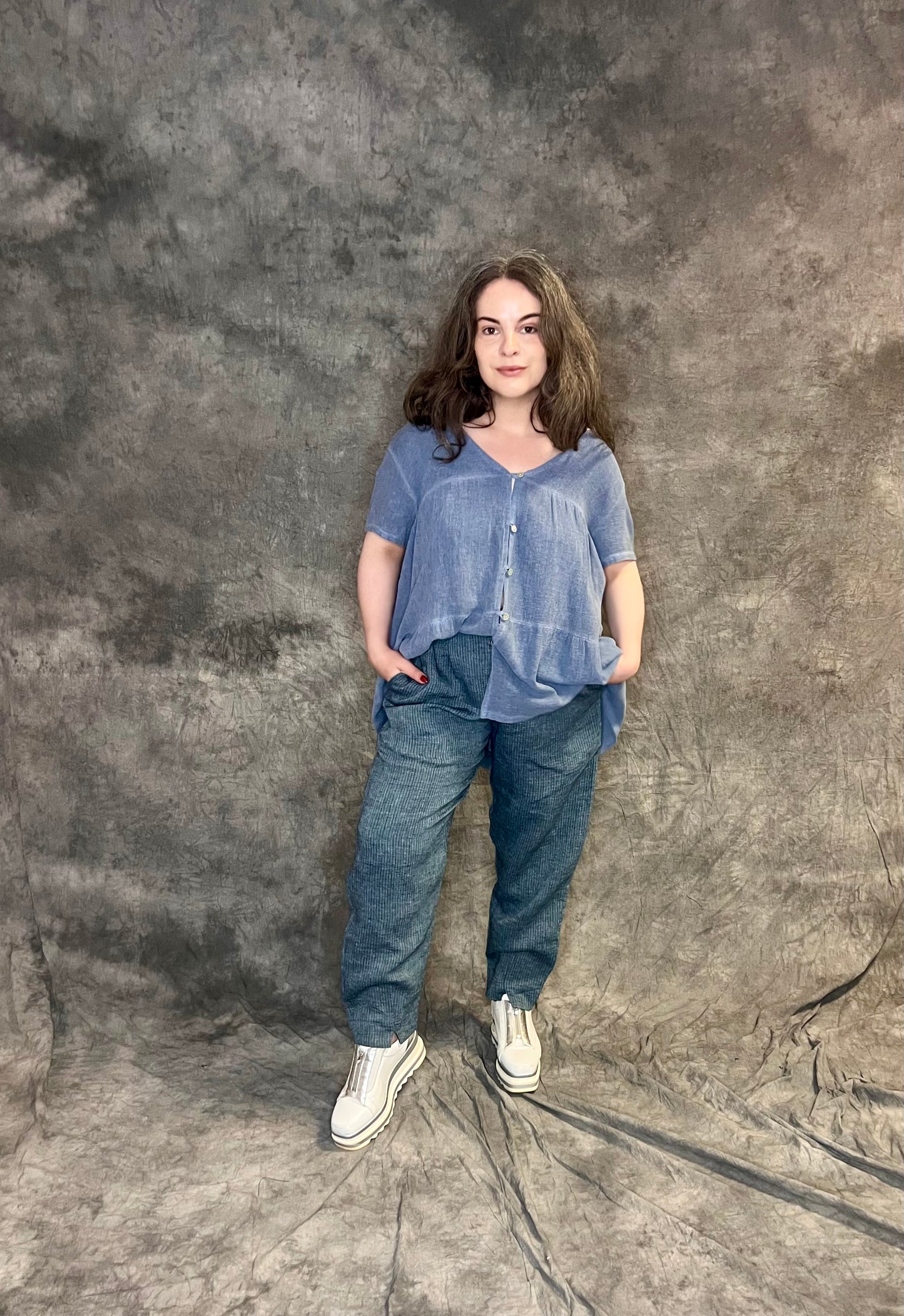 Terry Macey “B2” Trousers in Light Denim Blue Pinstripe