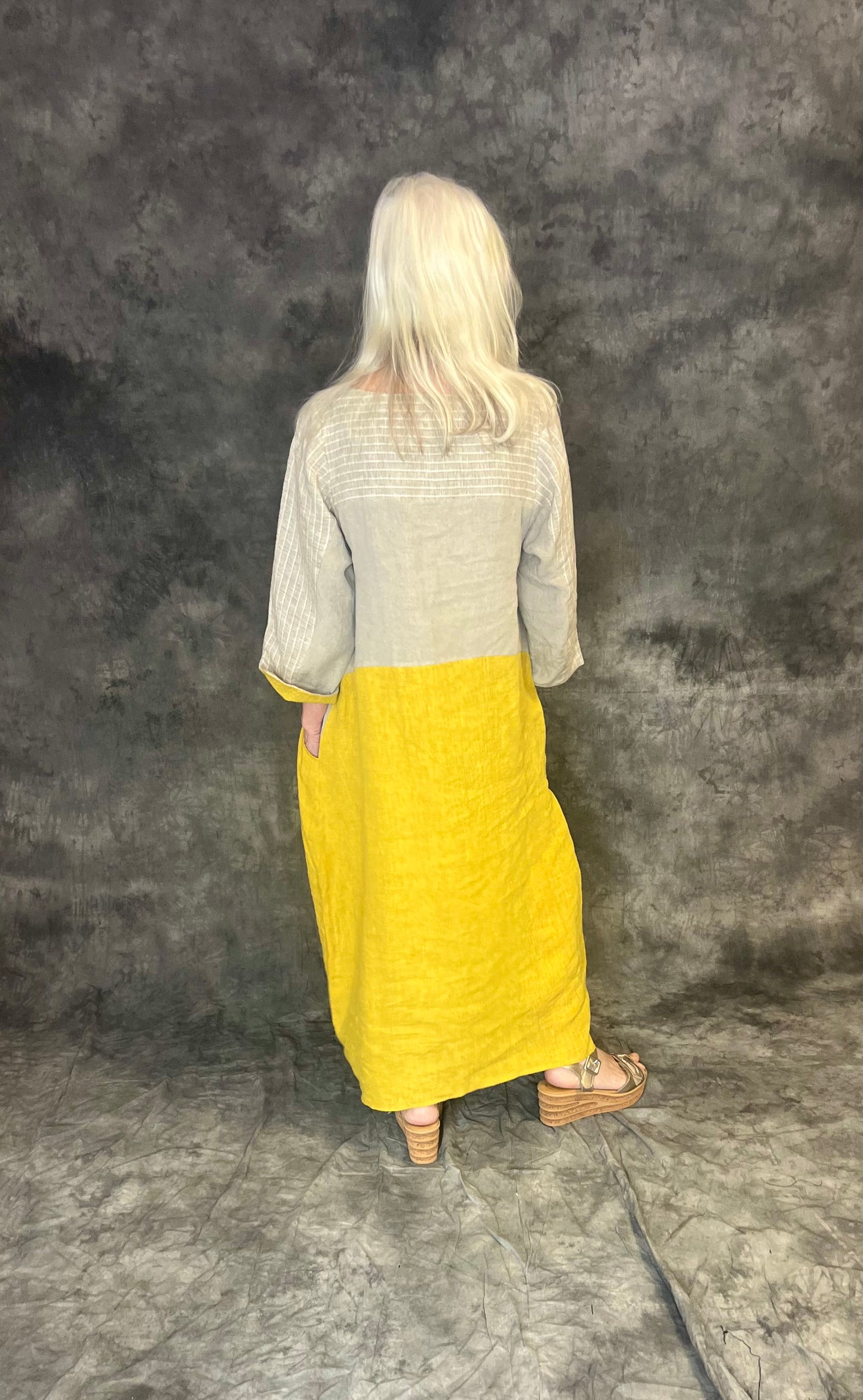 Terry Macey Emily Dress in Stone and Lemon Linen