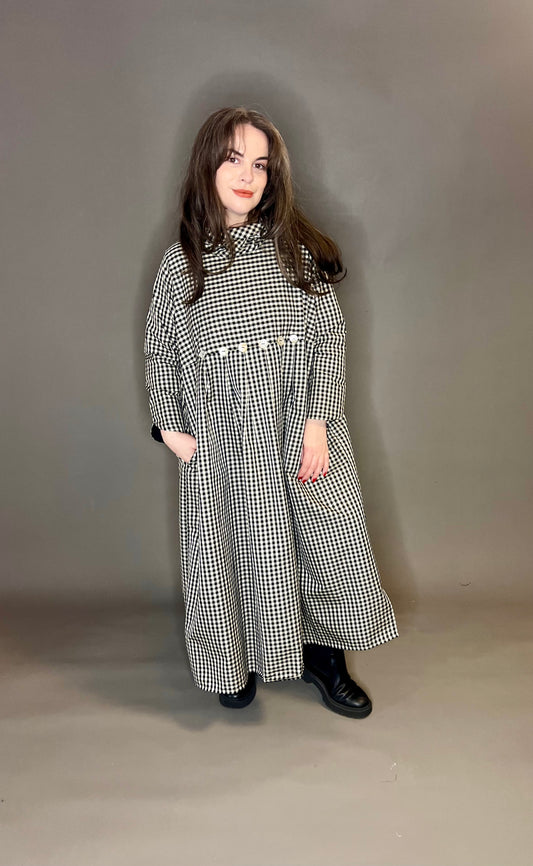 Terry Macey High Neck Button Dress in Black and Cream Check