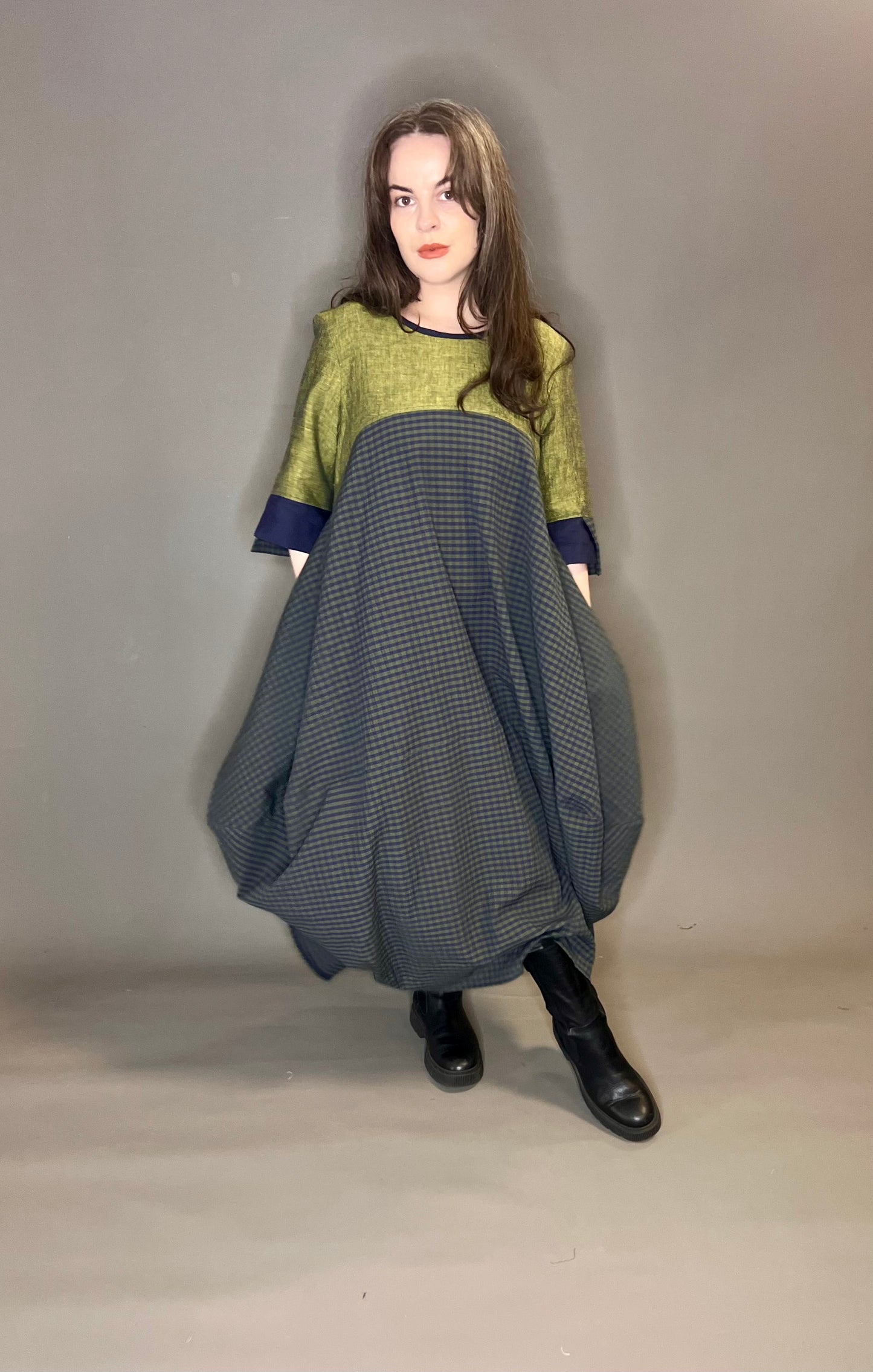 Terry Macey Tulip Dress in Green Linen with Seer Sucker Checked Skirt