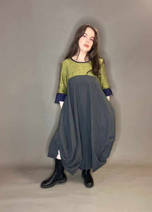 Terry Macey Tulip Dress in Green Linen with Seer Sucker Checked Skirt