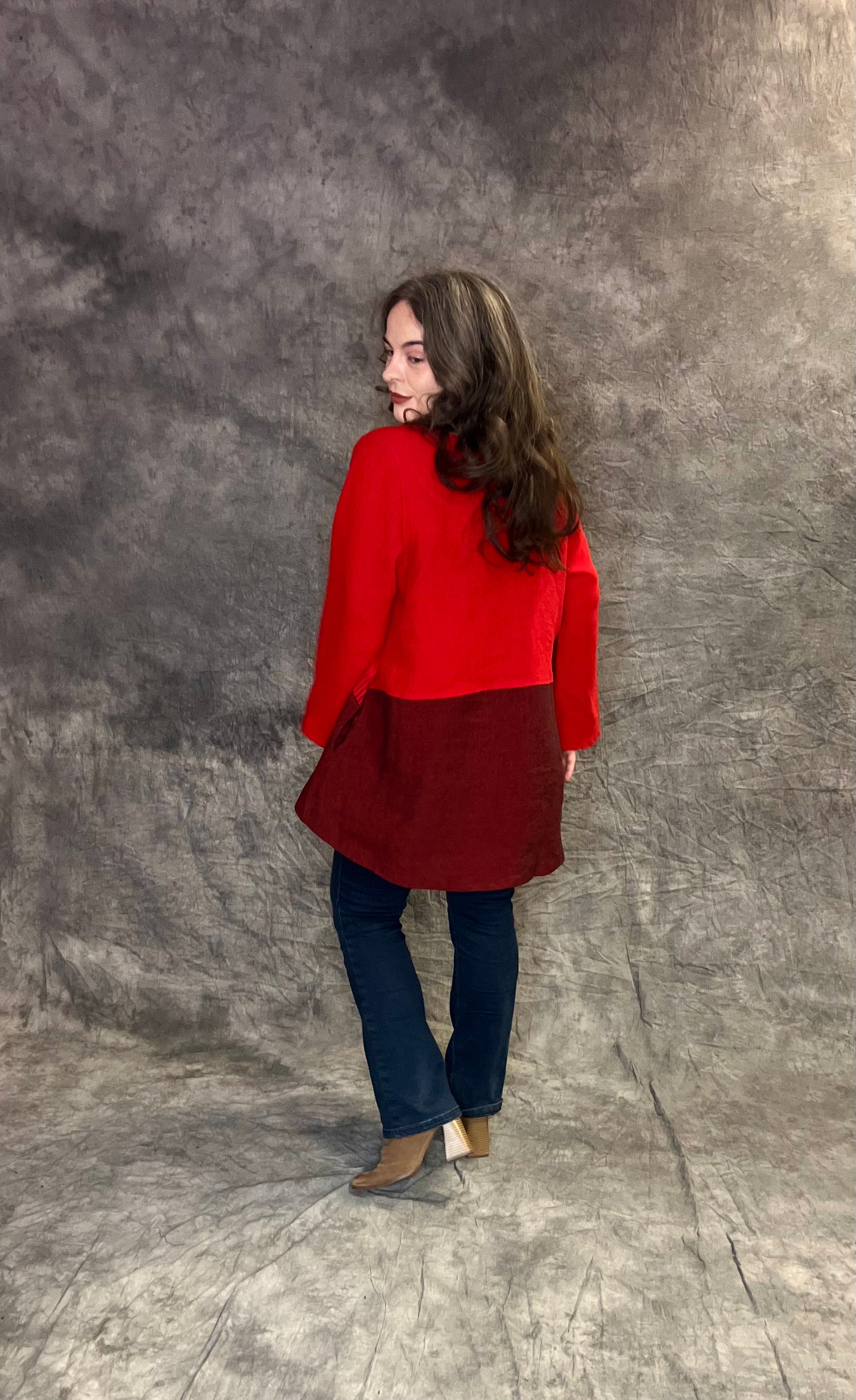 Terry Macey Portland Tunic in Red with Deep Red and Orange Contrast
