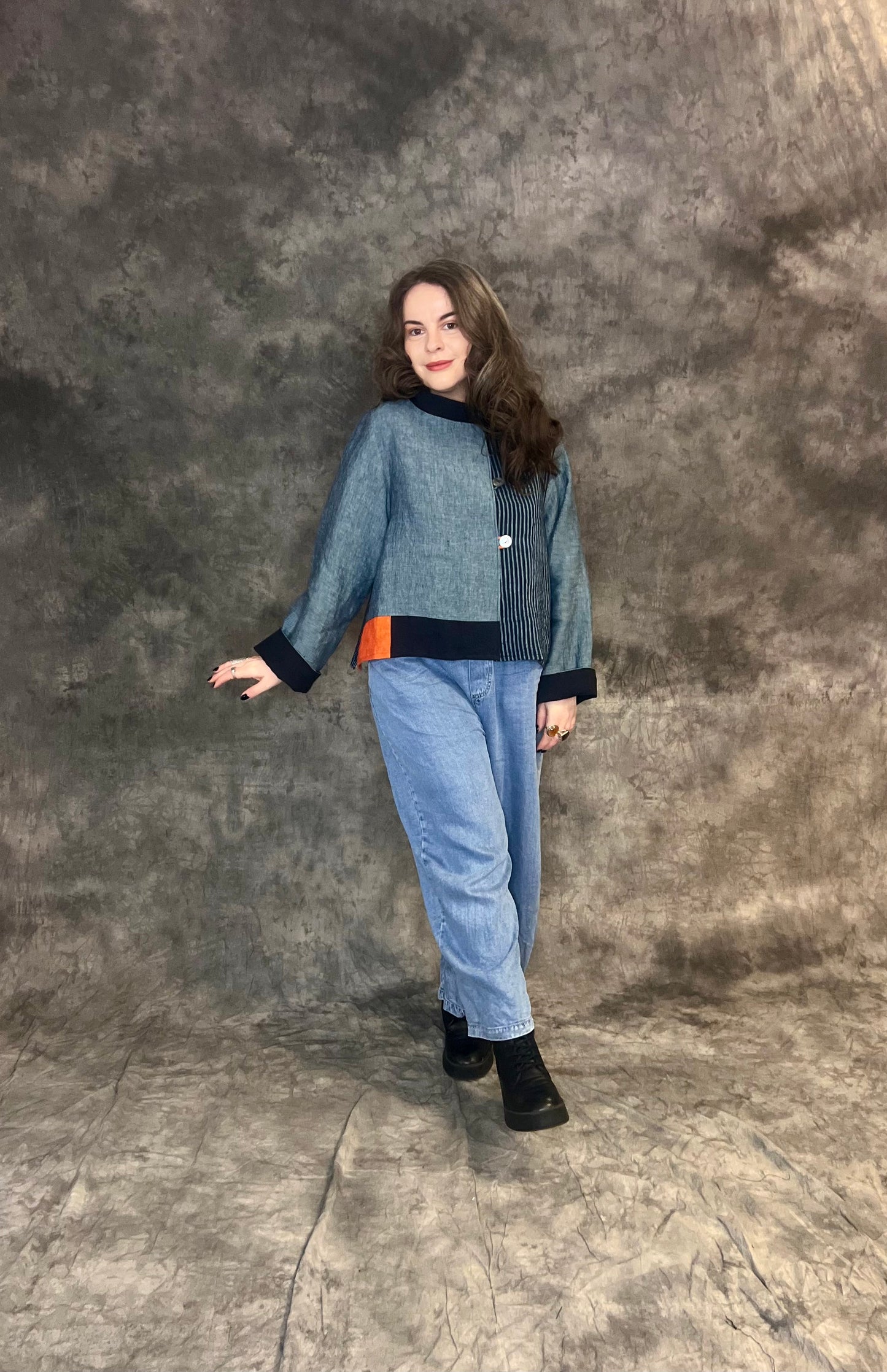 Terry Macey Mondrian Jacket in Navy, Blue and Orange Linen