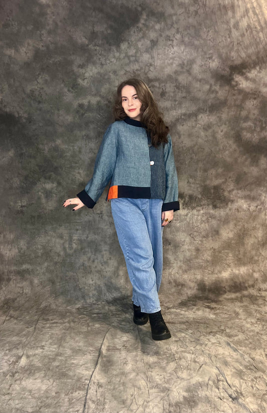 Terry Macey Mondrian Jacket in Navy, Blue and Orange Linen