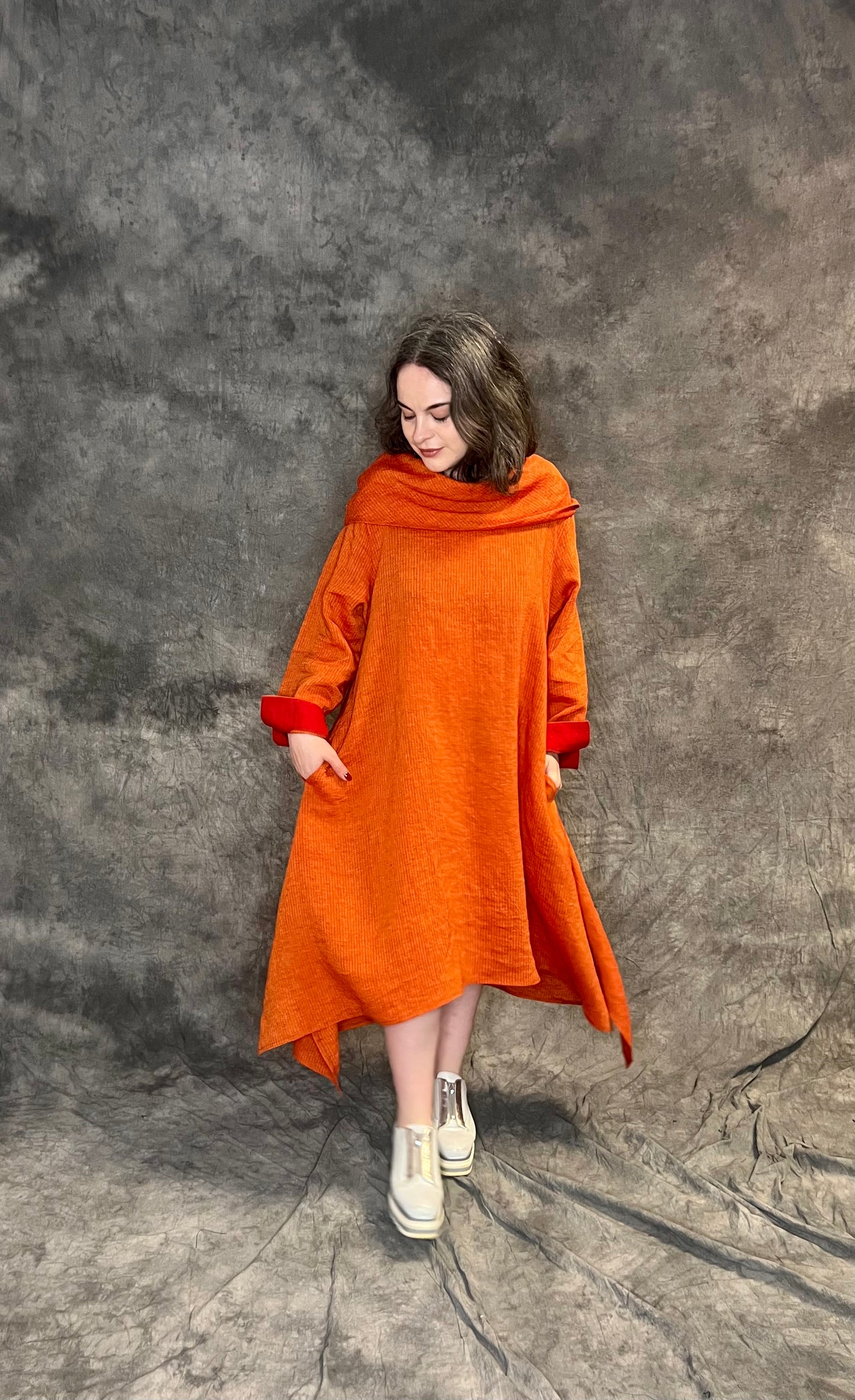 Terry Macey “Paris” Tunic in Orange with Red Cuffs