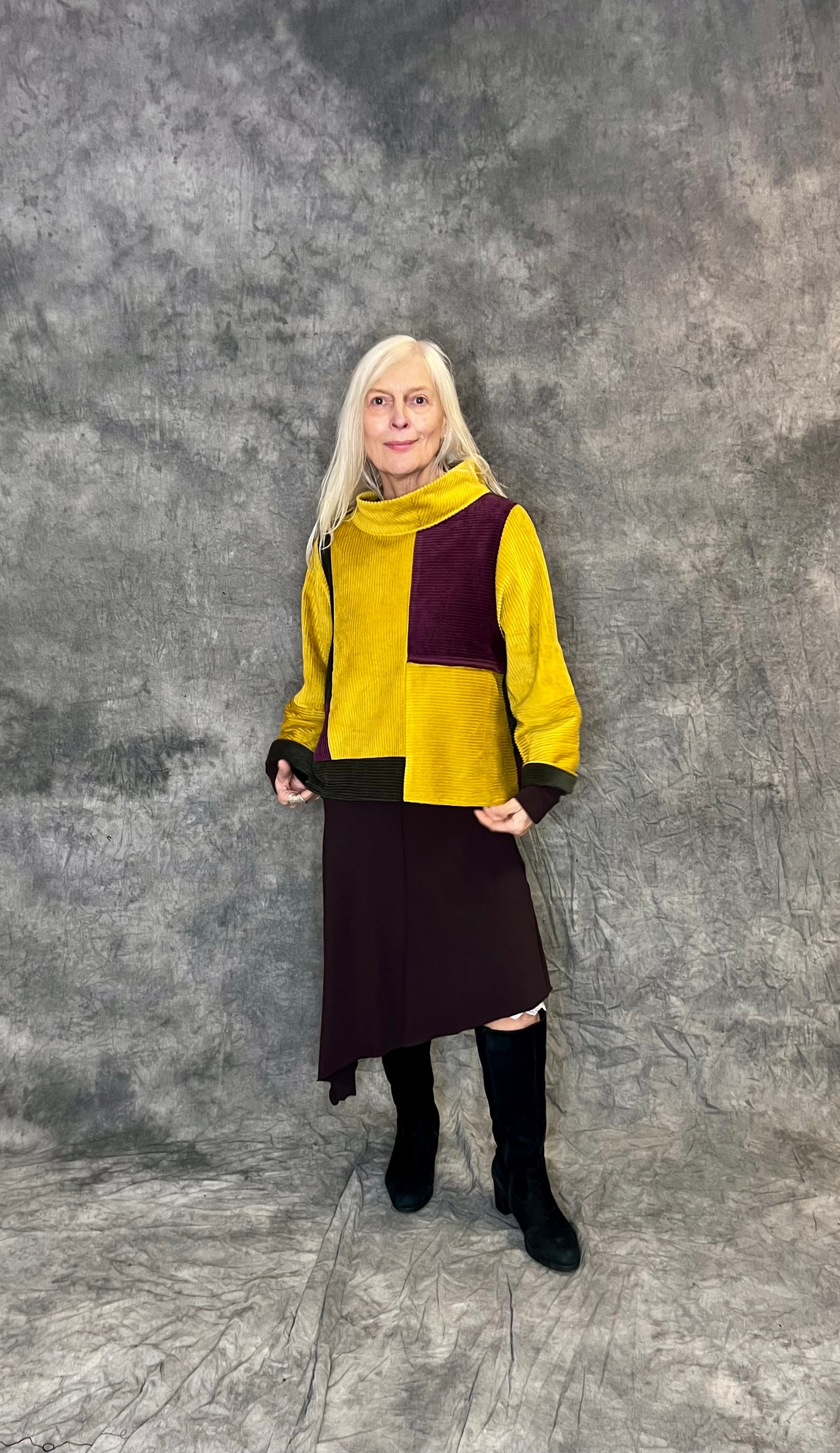 Terry Macey Mondrian Top in Mustard and Wine Jumbo Cord