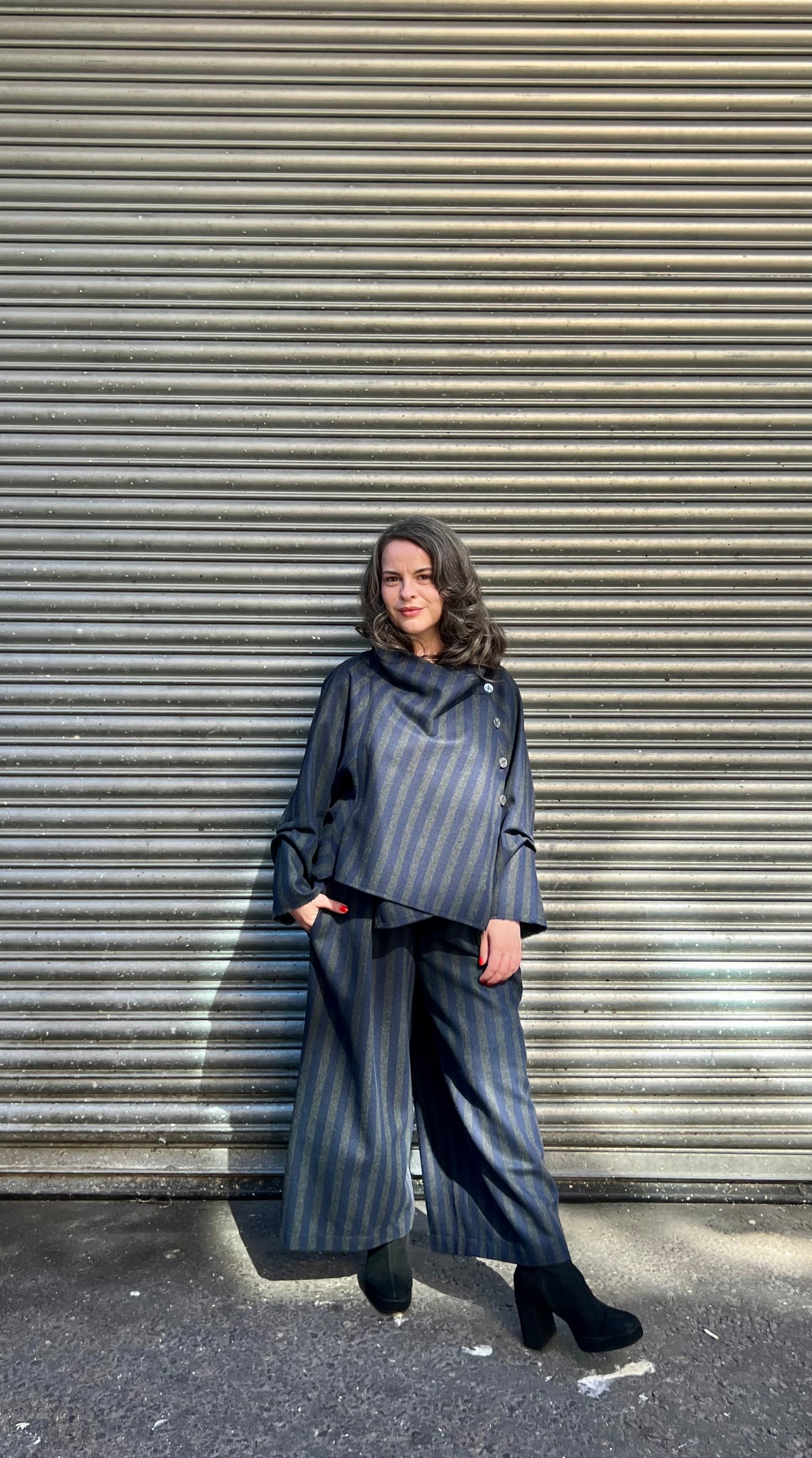 Terry Macey Culottes in Navy and Charcoal Striped Wool