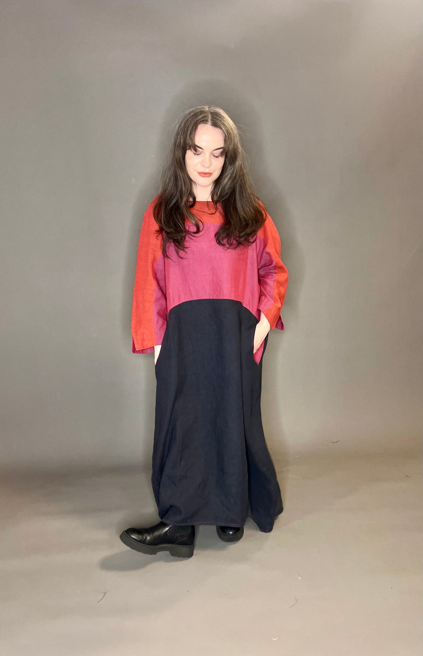 Terry Macey Banded Dress in Rust, Pink and Navy