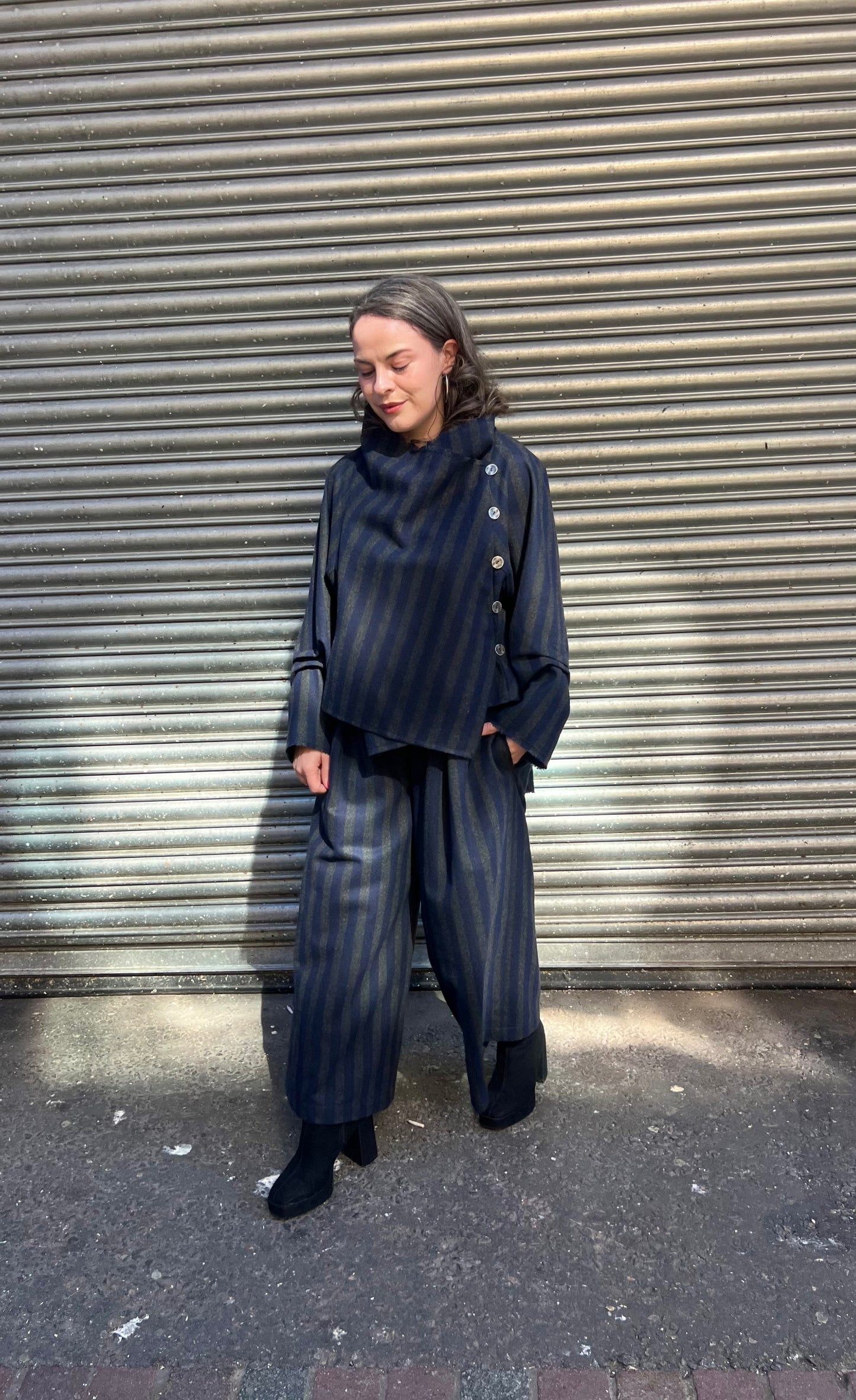 Terry Macey Culottes in Navy and Charcoal Striped Wool