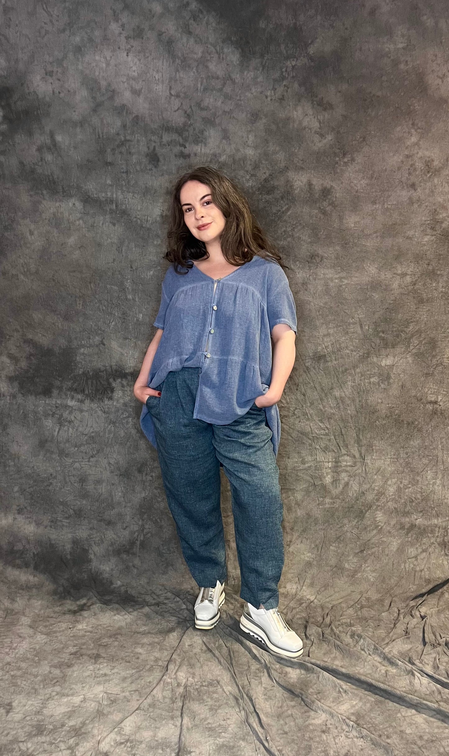 Terry Macey “B2” Trousers in Light Denim Blue Pinstripe