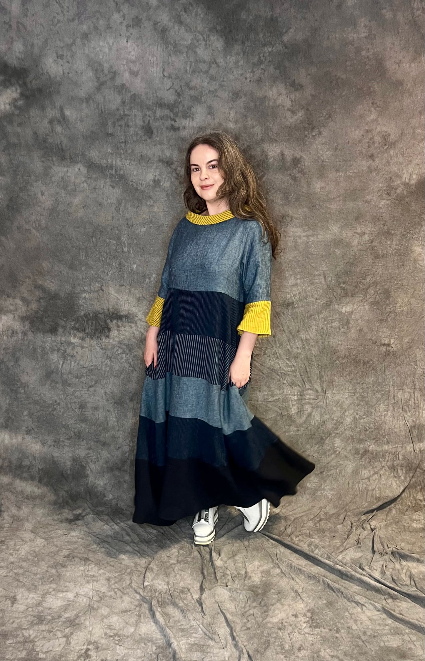 Terry Macey “Circle” Dress in Blues with Yellow Accents