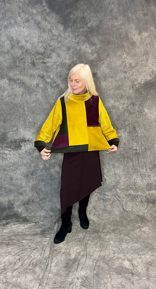 Terry Macey Mondrian Top in Mustard and Wine Jumbo Cord