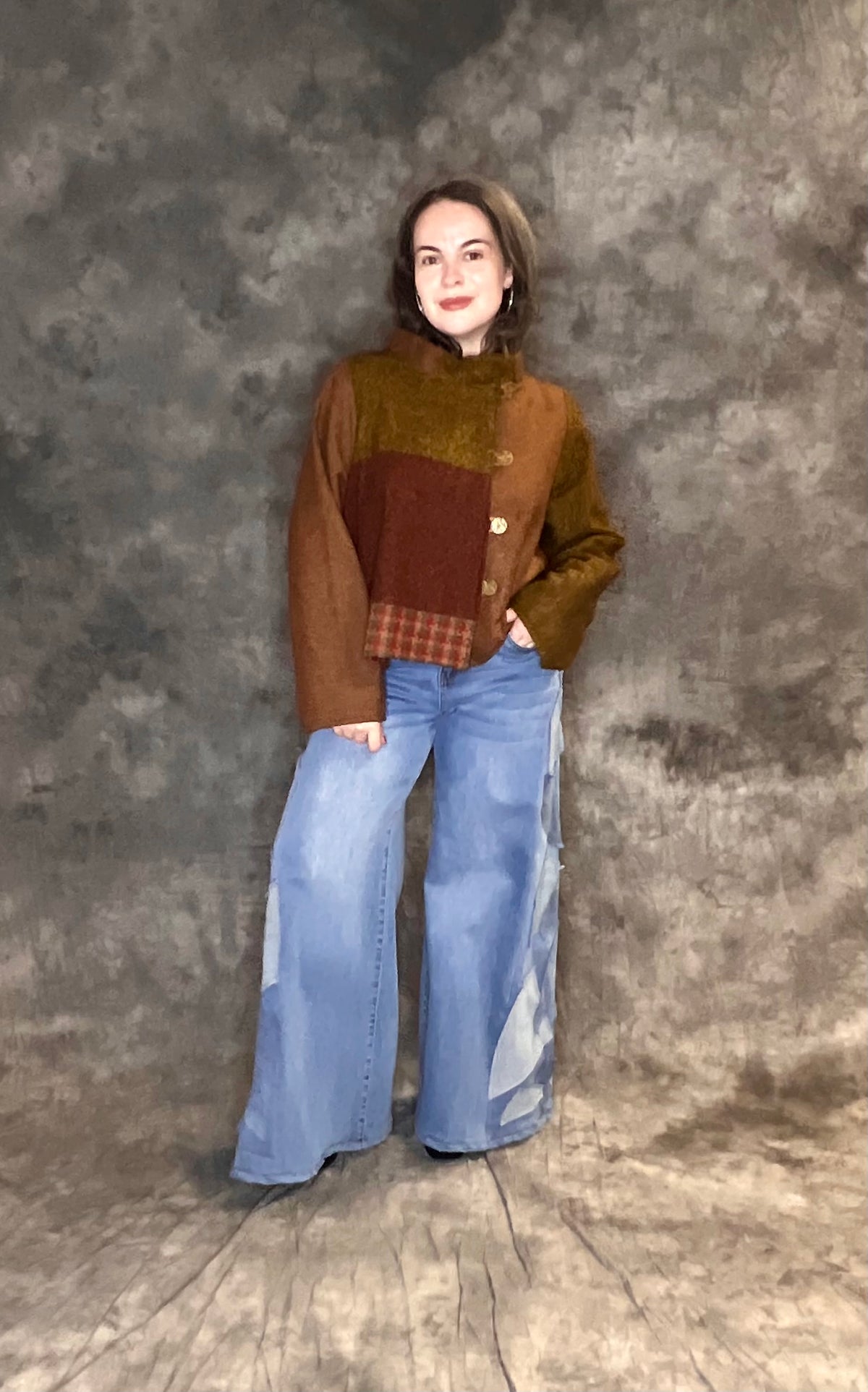Terry Macey Cropped Mondrian Jacket in Autumnal Patches