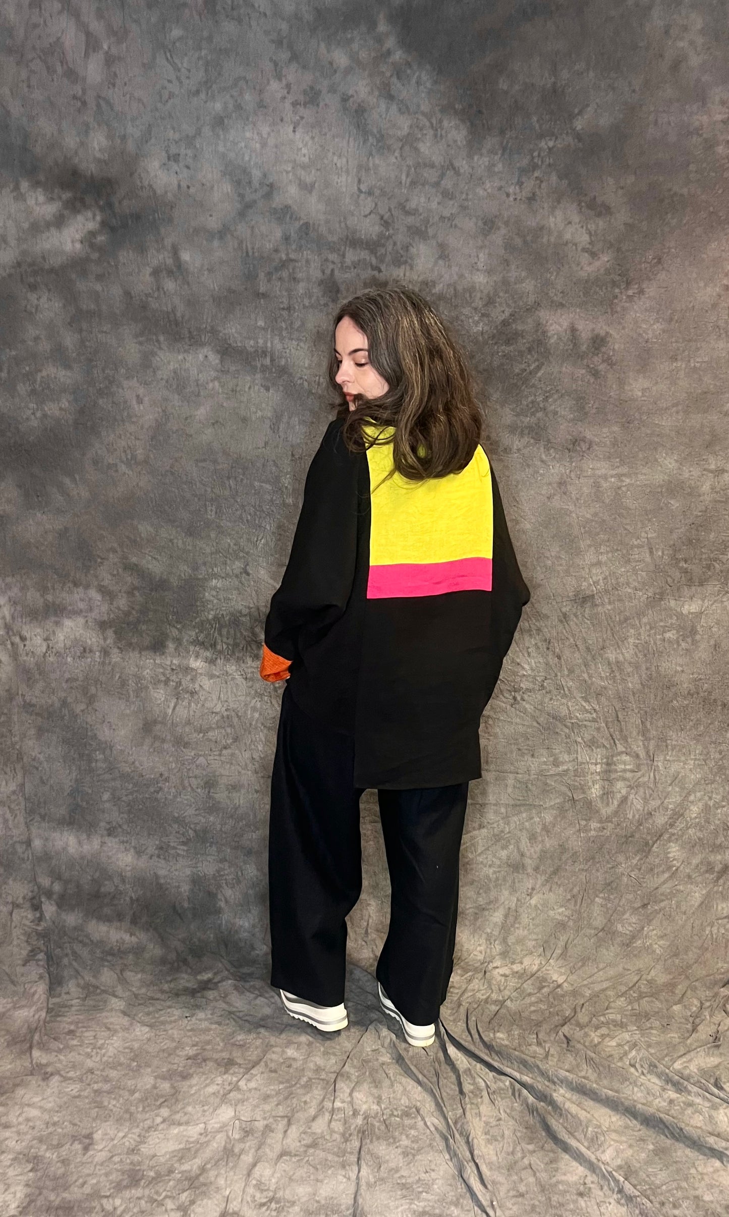 Terry Macey “Wonky” Top in Black with Orange, Yellow and Pink