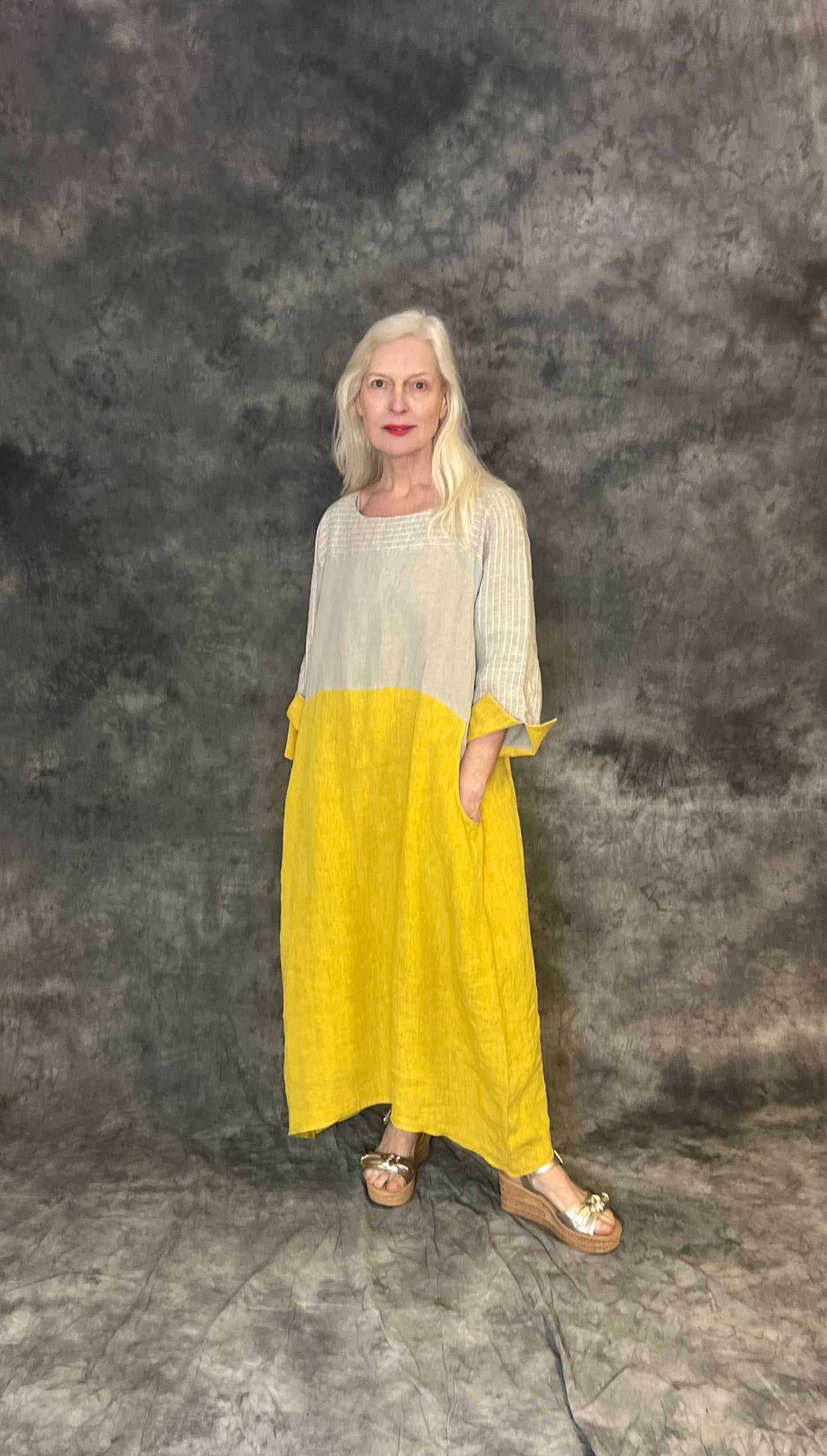 Terry Macey Emily Dress in Stone and Lemon Linen