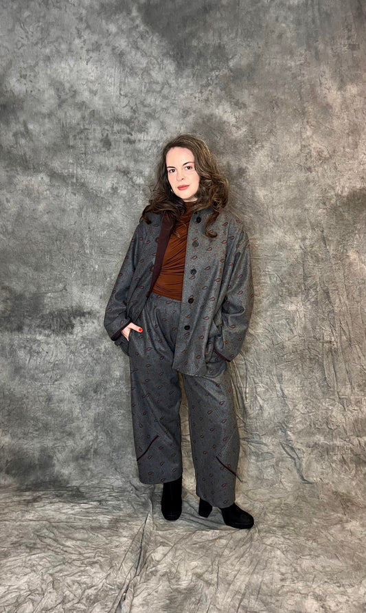 Terry Macey Penny Trousers in Grey and Wine Paisley Wool
