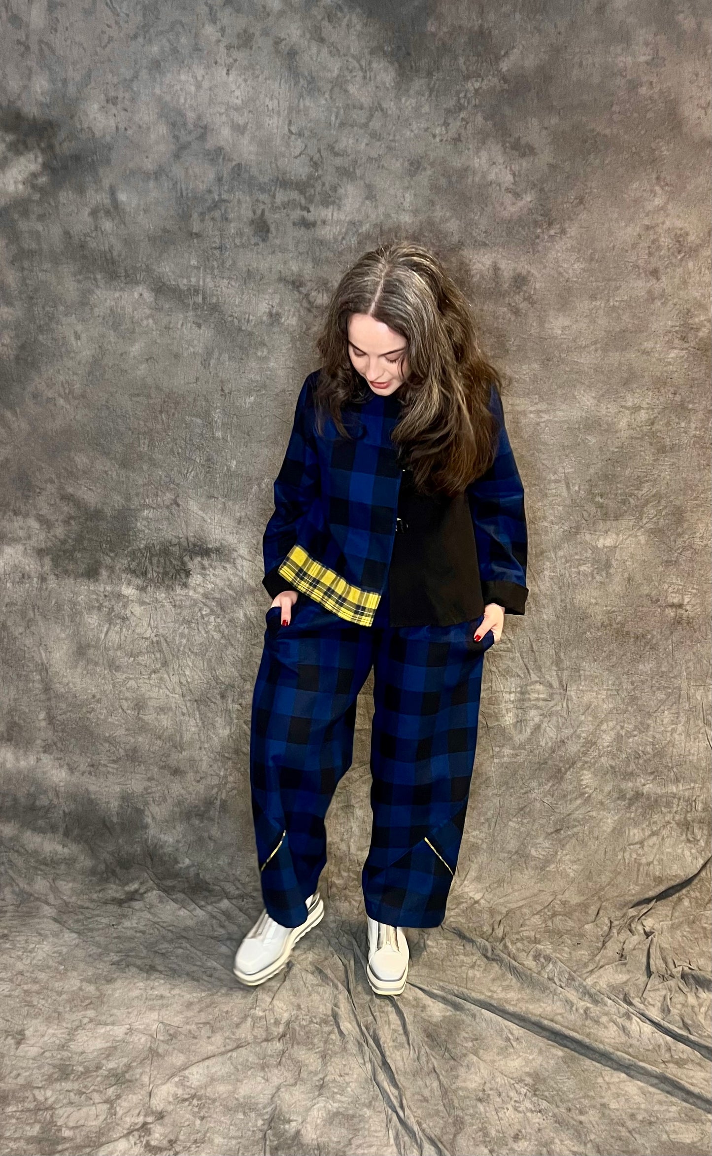 Terry Macey “Penny” Trousers in Blue Check with Gold Detail